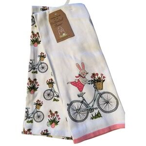 Cottontail Lane Kitchen Towel Set 2pc 18x28 White Pink Bunny‎ Brand New Easter
